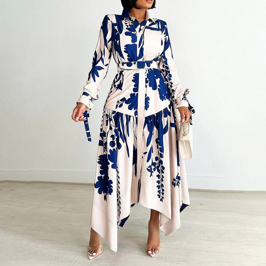 Women's Fashion Temperament Printed Lapel Long Sleeve Dress