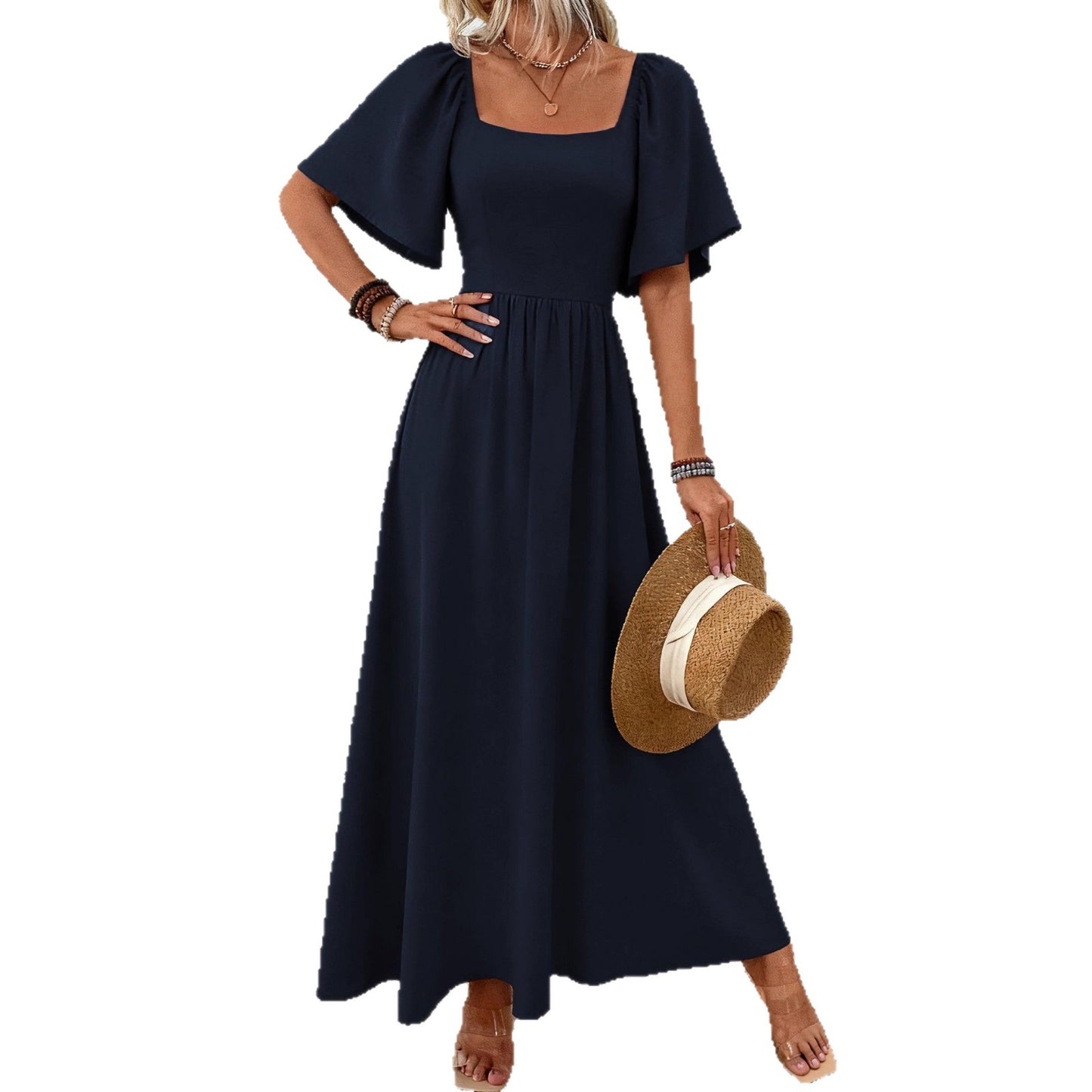 Women's Bohemian Style Square Collar Fashionable Elegant Ruffle Sleeve Dress
