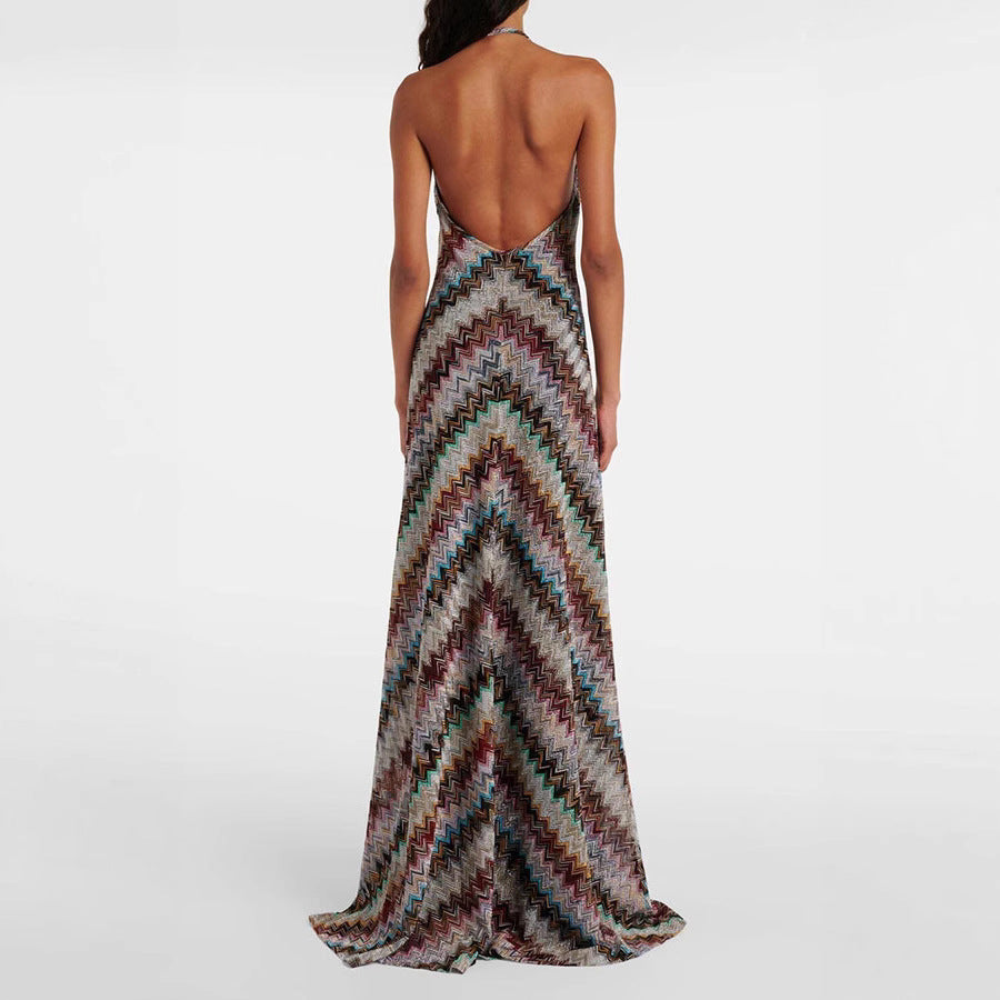 Women's Summer Striped Halter Sleeveless Printed Dress Dresses