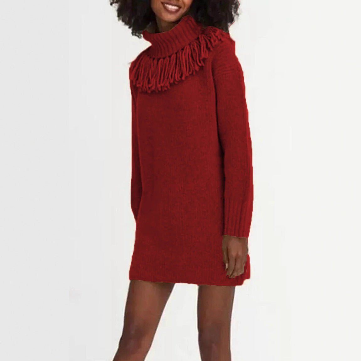 Knitted Tassel Bucket Turtleneck Dress Mid-length Women's Sweater