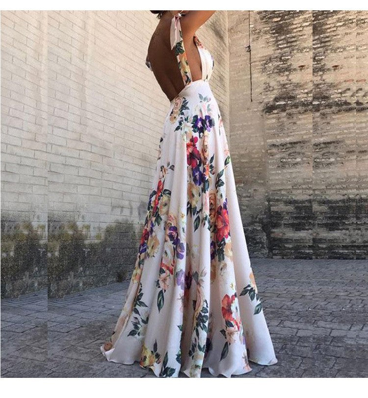Women's Clothes Exposed Back Printed Large Swing Sleeveless Dresses