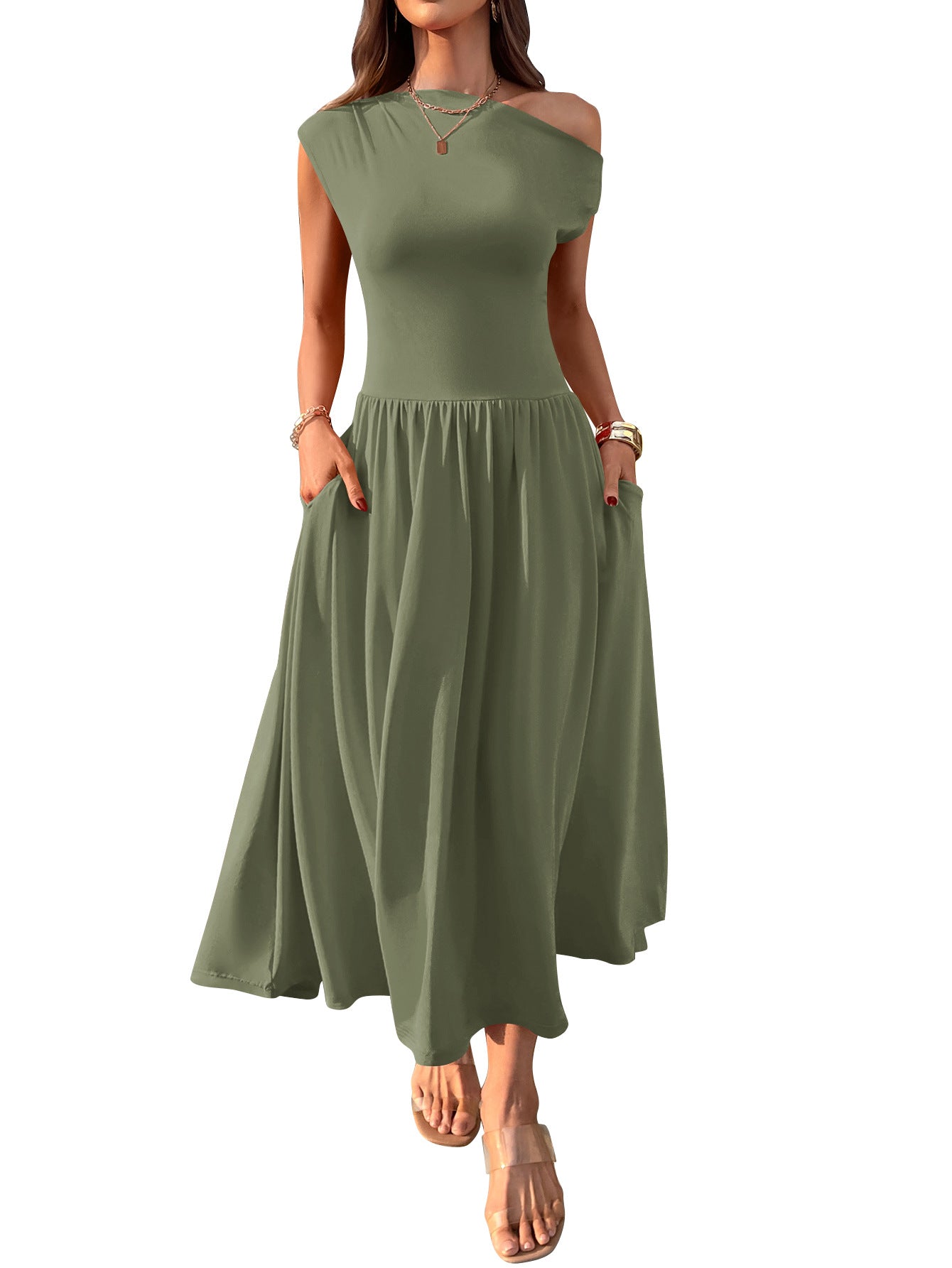 Shoulder Sexy Waist Trimming Solid Color Long Dresses