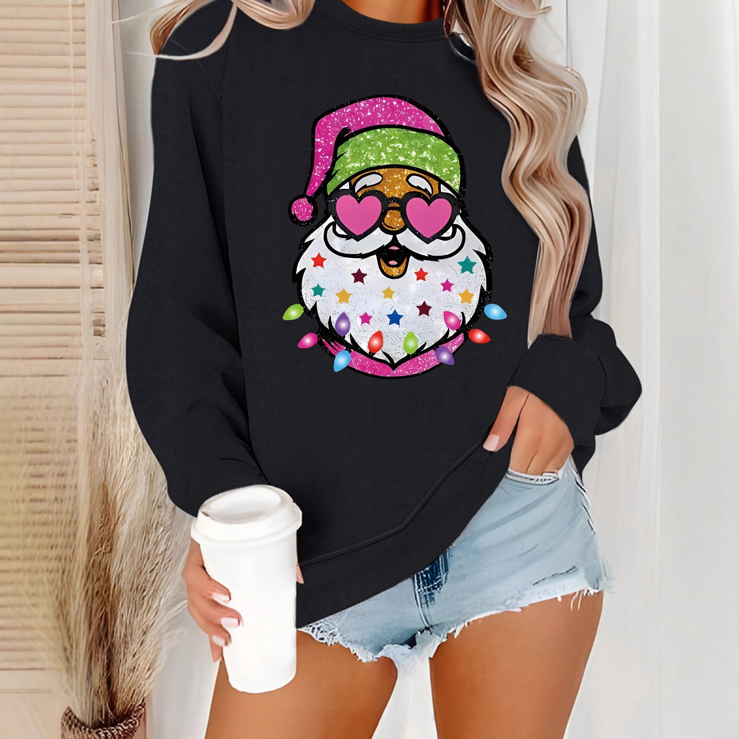 Women's Claus Graphic Print Crew Neck Casual Long Women's Sweater, Sweater