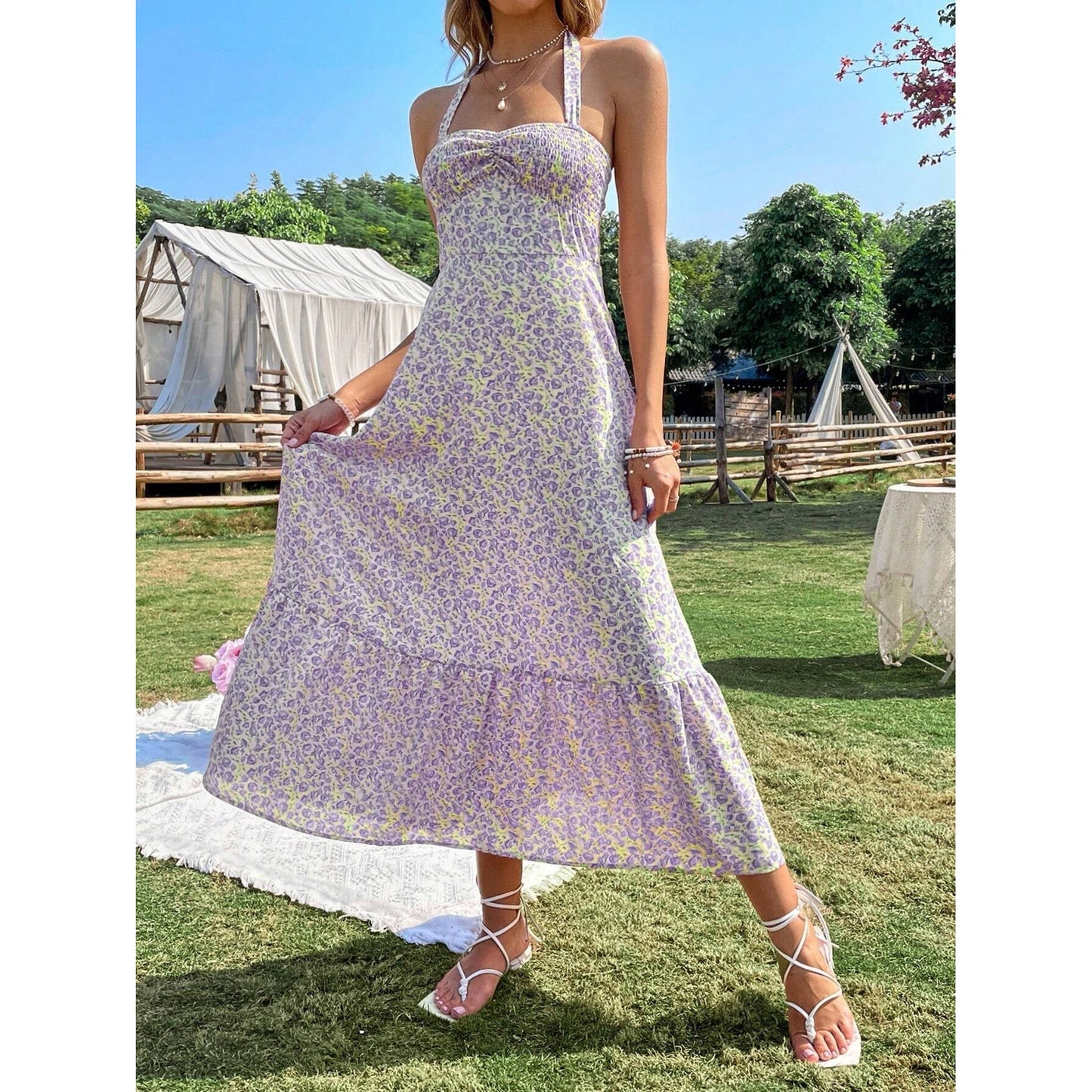 Print Sleeveless Bust Pleating Backless Waist Dresses