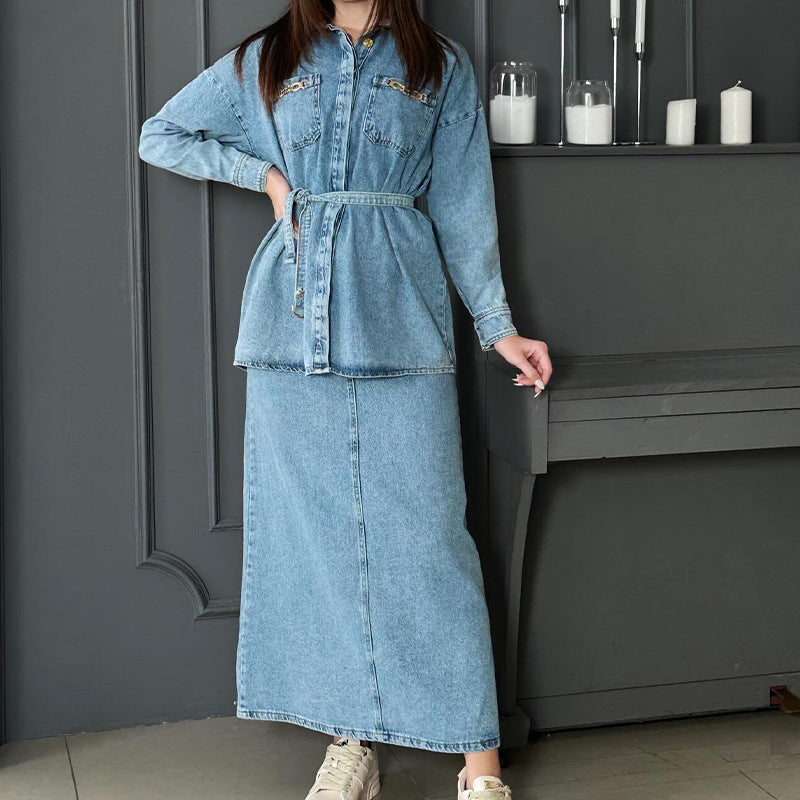 Autumn Vintage Fashion Washed Casual Denim Suits