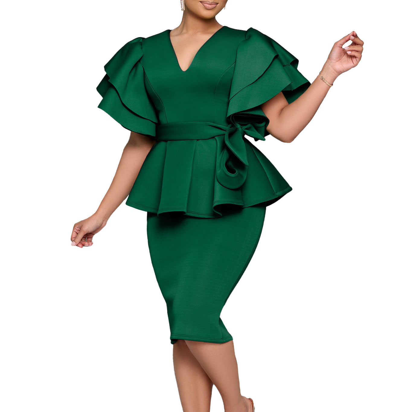 Fashionable Elegant Flounced Solid Color Sheath Dress