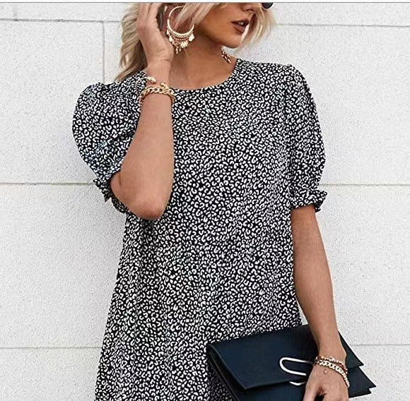 Printing Solid Color Round Neck Sleeves Dress Casual Shorts
