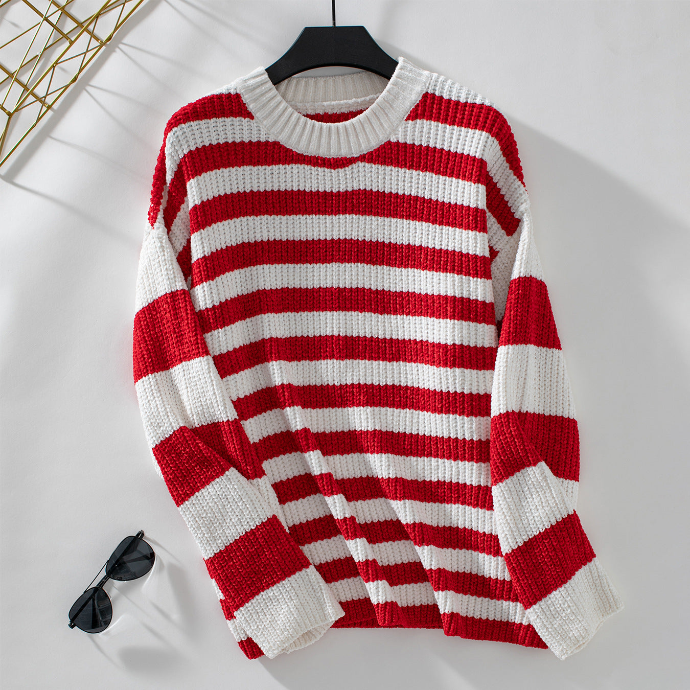 Women's Casual Fashion Striped Color Matching Chenille Sweater