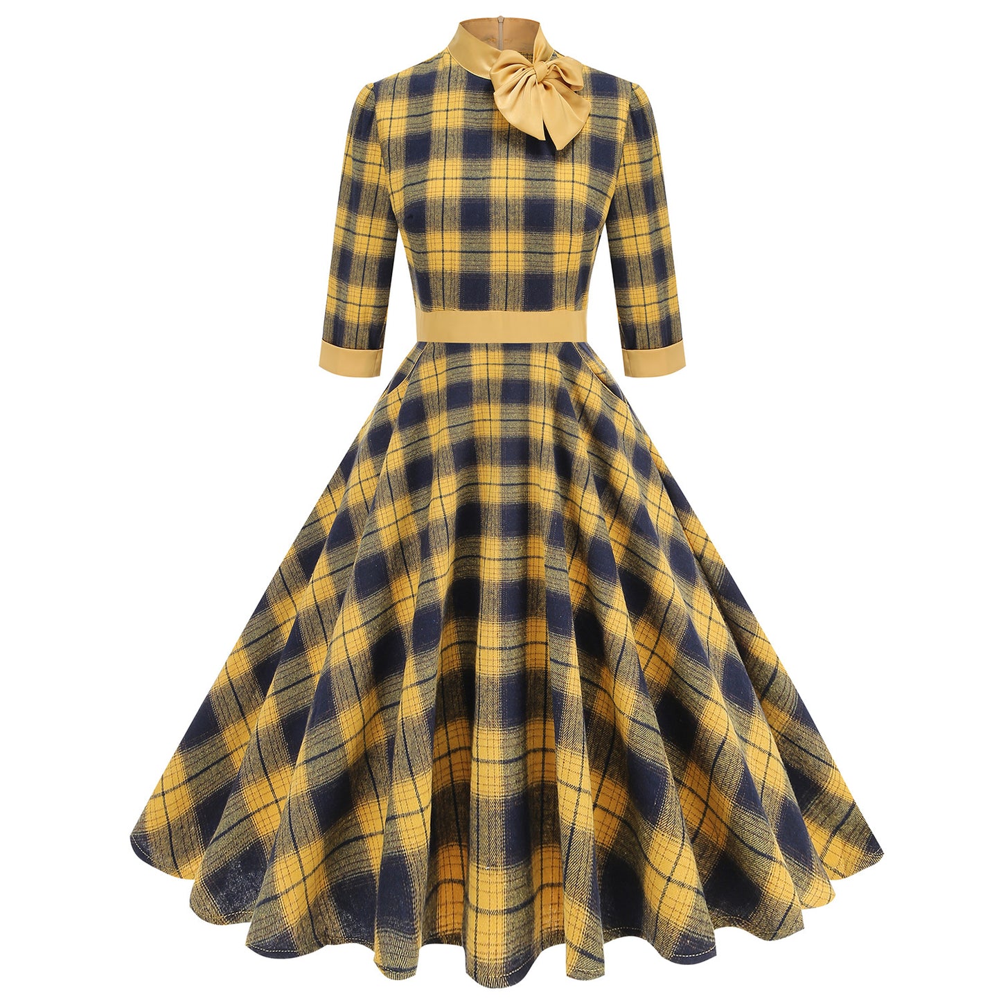 Plaid Turtleneck Three-quarter Sleeve Bow Tie Hepburn Style Retro High Dress