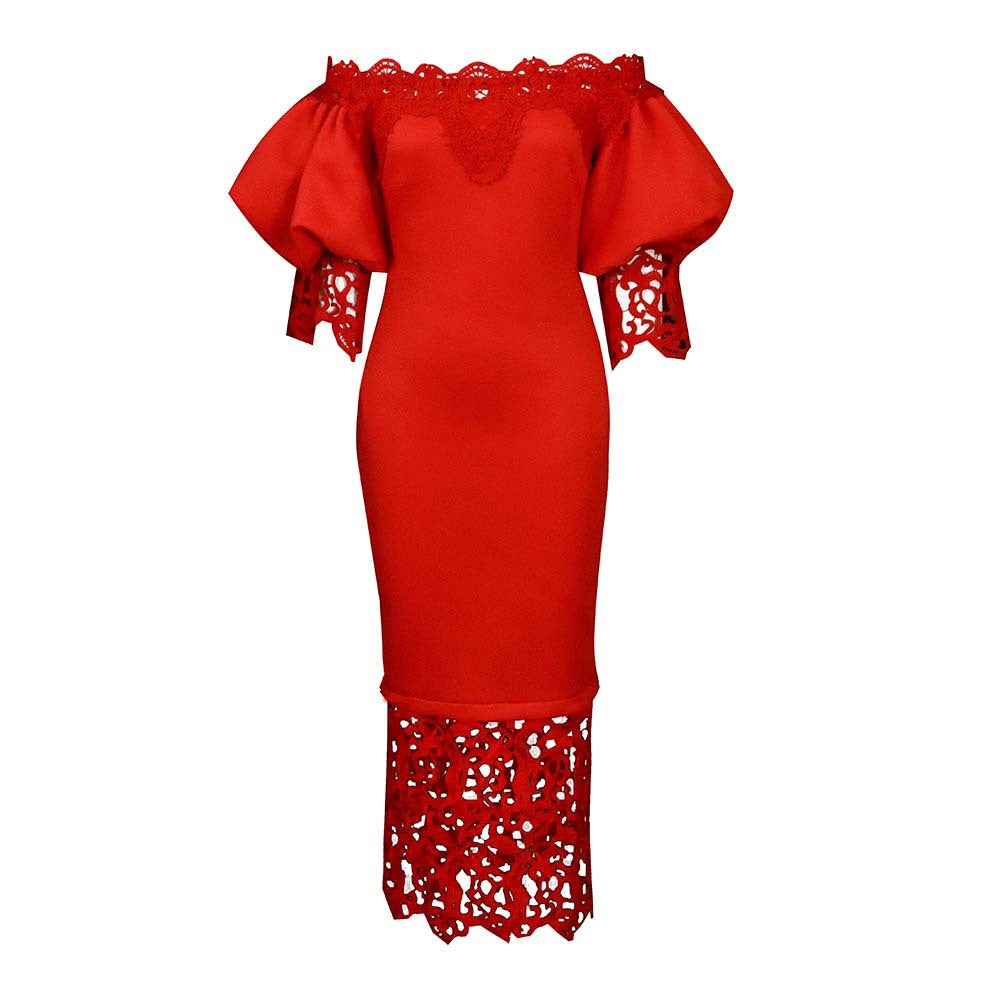 Women's Lace Stitching Banquet Lantern Sleeve Bridesmaid Dress