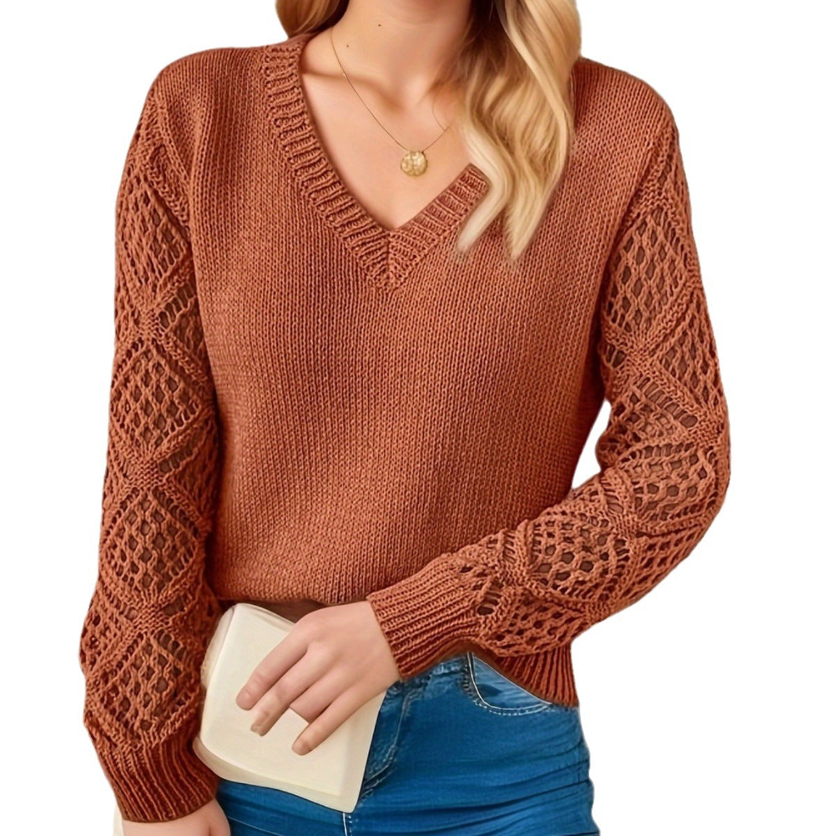 Women's Hollow Knitted Long-sleeved Pullover Crocheted Jacquard Women's Sweater