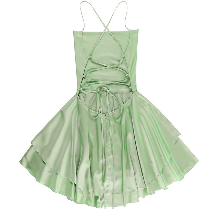 Summer Sexy Temperament Strap Satin Backless Lace Up A- Line Dress