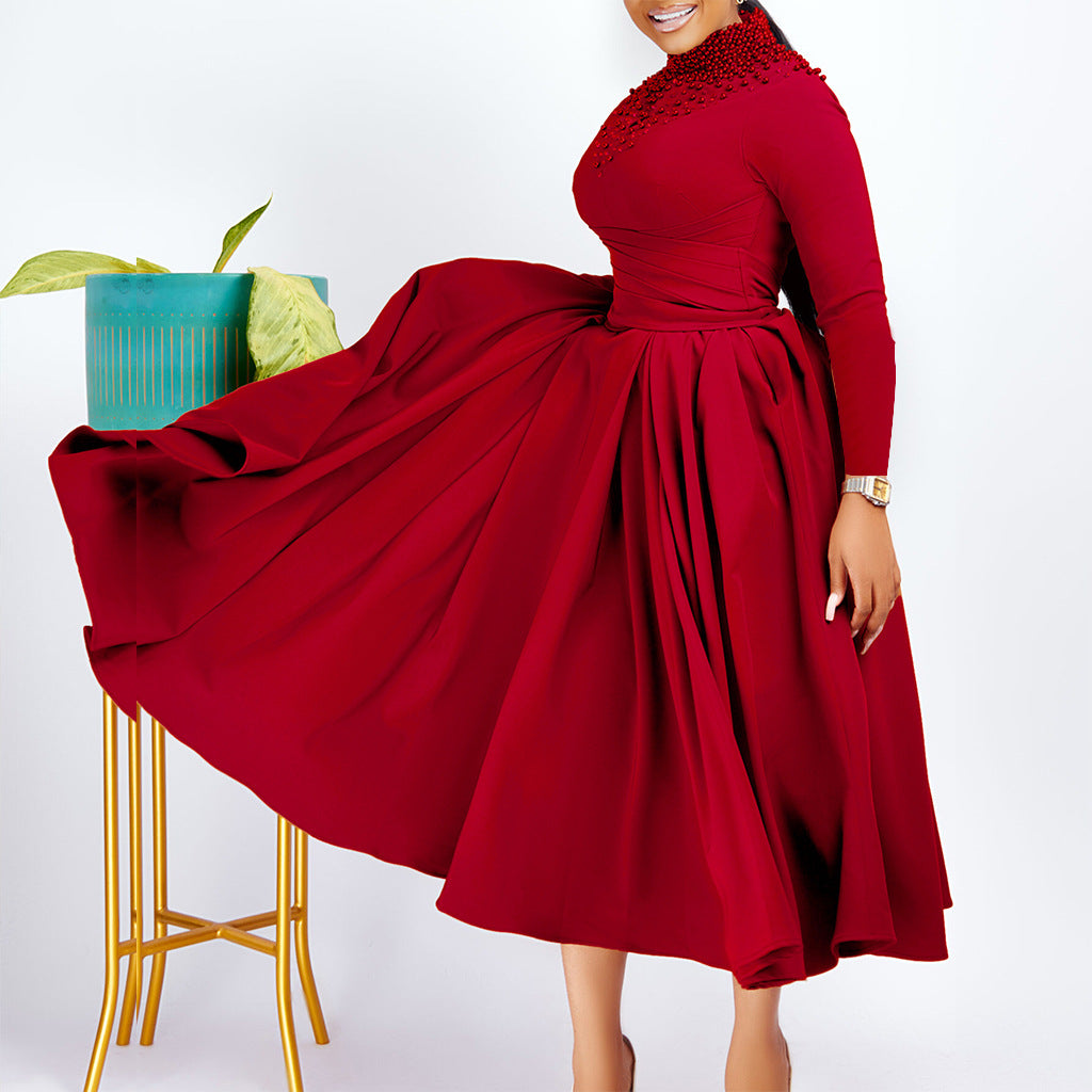Women's Fashion High Collar Elegant Beaded Formal Swing Waist Dress