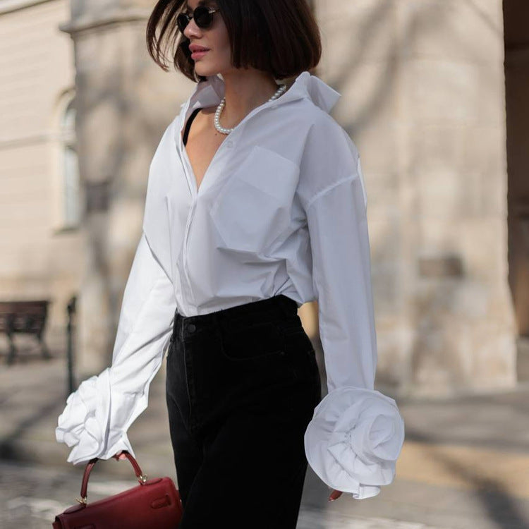 Women's Style Design Stitching Flower Long Sleeve Shirt Tops