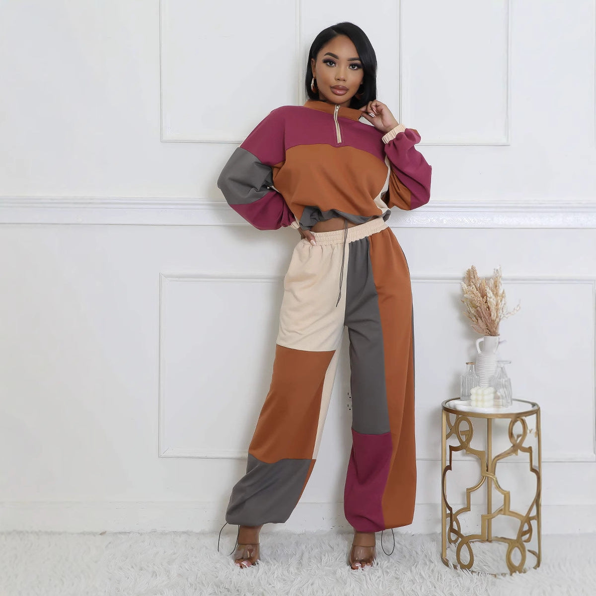 Sexy Sports Woven Zipper Drawstring Design Jumpsuits