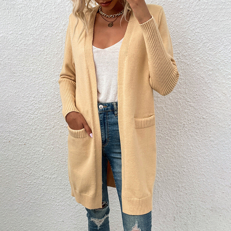 New Versatile Women's Solid Color Pocket Sweater