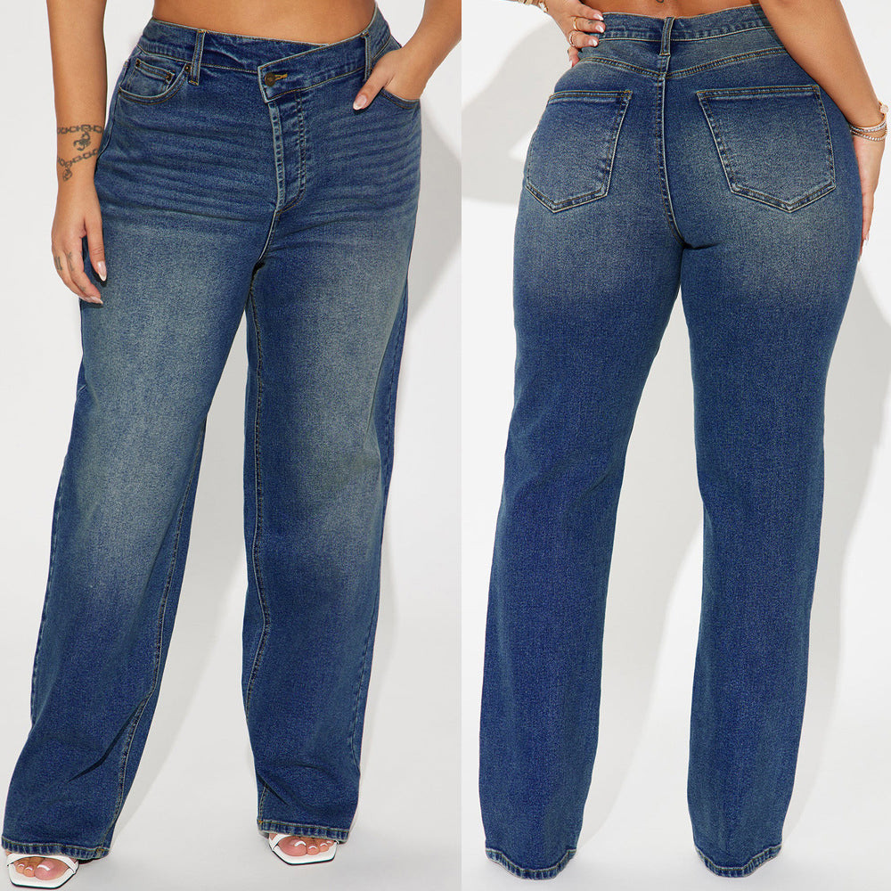 Women's Stretch Fashion Personality Street Washed Polo Jeans