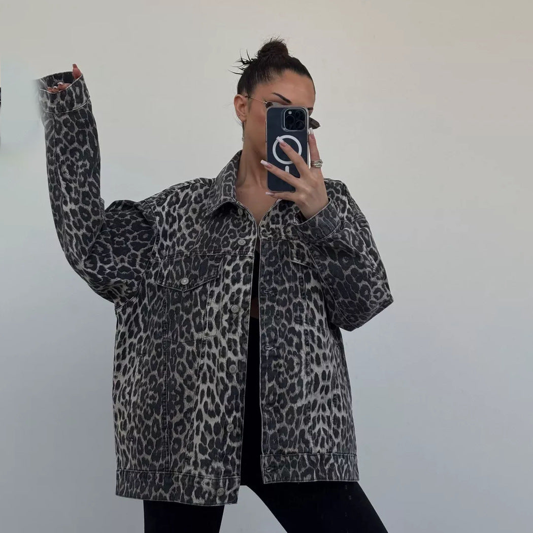 Vintage Leopard Print Niche Lapel Denim Spring Jackets
