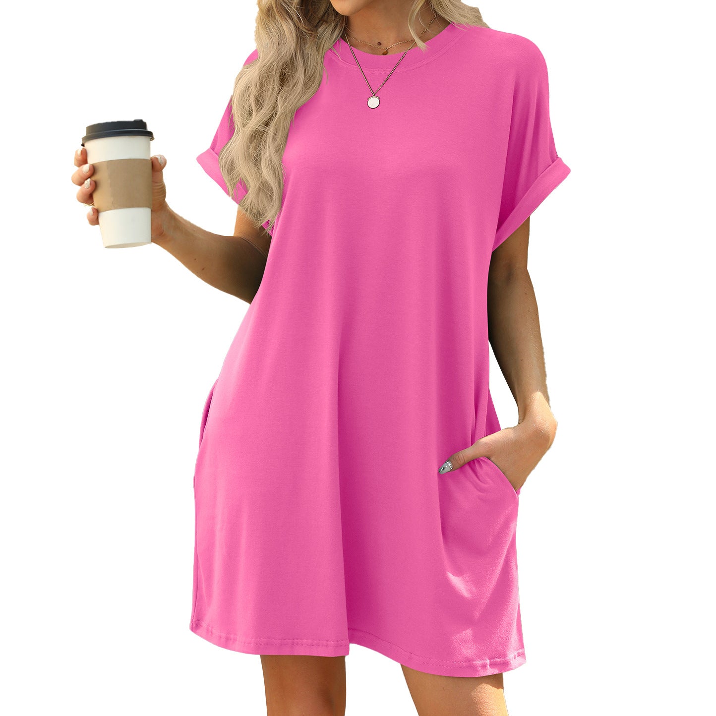 Solid Color Round Neck Pocket Loose Dresses