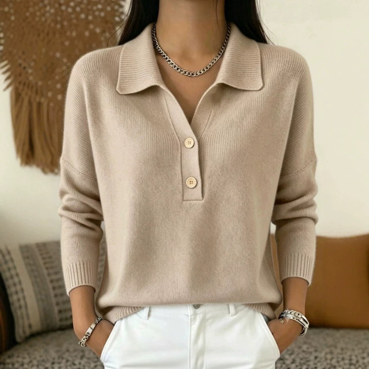 Women's Lapel Half Button Loose Casual Sweaters