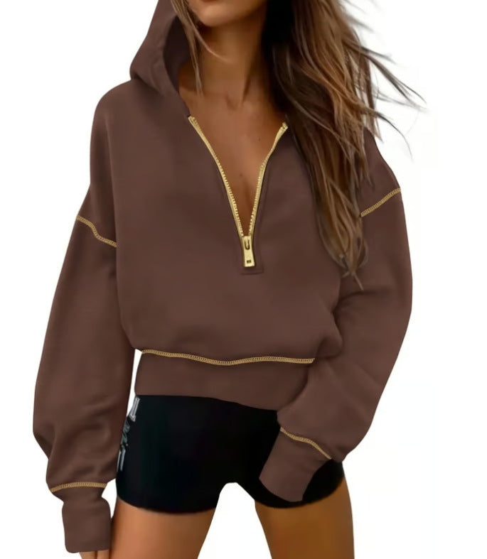 Women's Half Zipper Ladies Hooded Long-sleeved Fashion Women's Sweater, Sweater