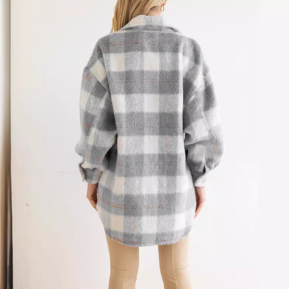 Women's Winter Fashion Plaid Large Pocket Coarse Coats