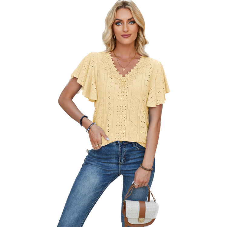 Women's Lace Ruffle Solid Color Loose T-shirt Blouses