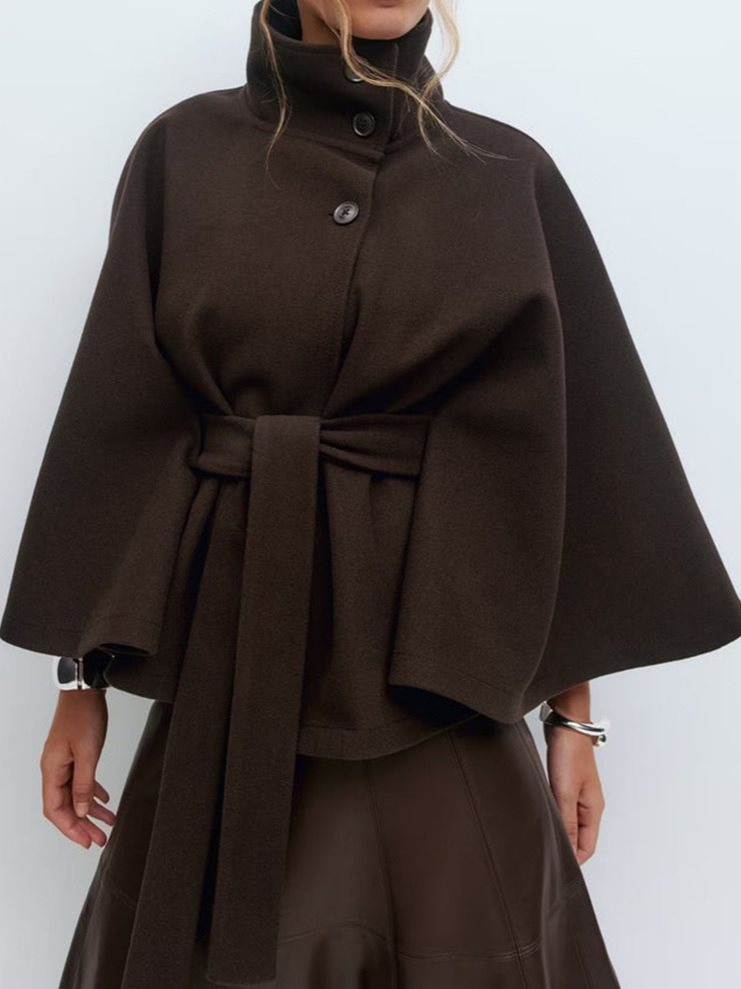 Women's Fashion Solid Color Cloak Stand Collar Button Coats
