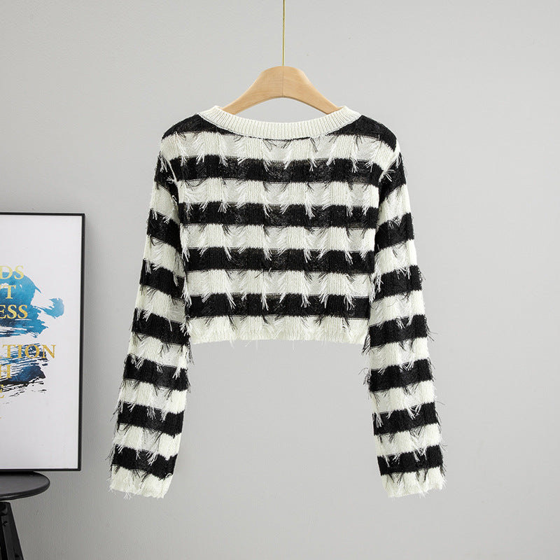 Women's Knitted Long-sleeved Niche Tassel Striped Pullover Round Shorts