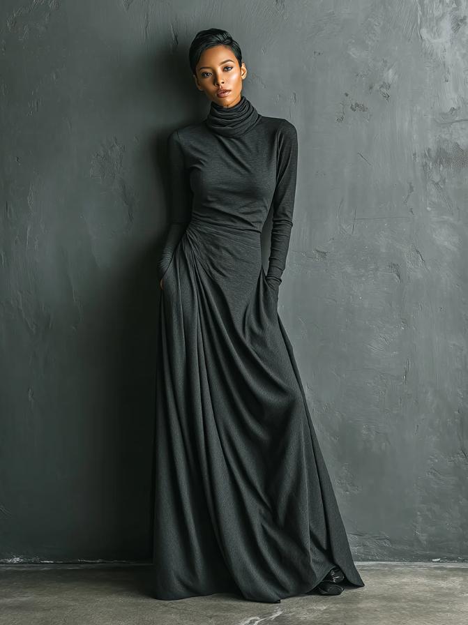 Women's Heap Collar Long Sleeves Large Swing Solid Color Clothing