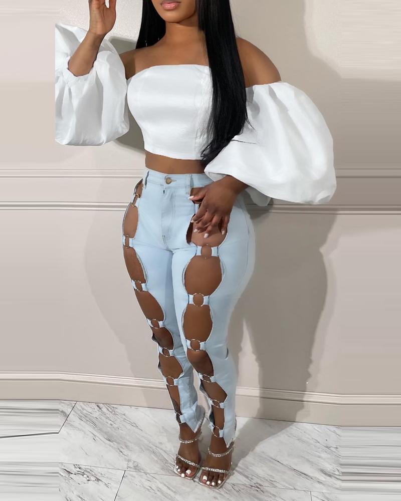 Fashion Holes Steel Ring Stitching Skinny Jeans