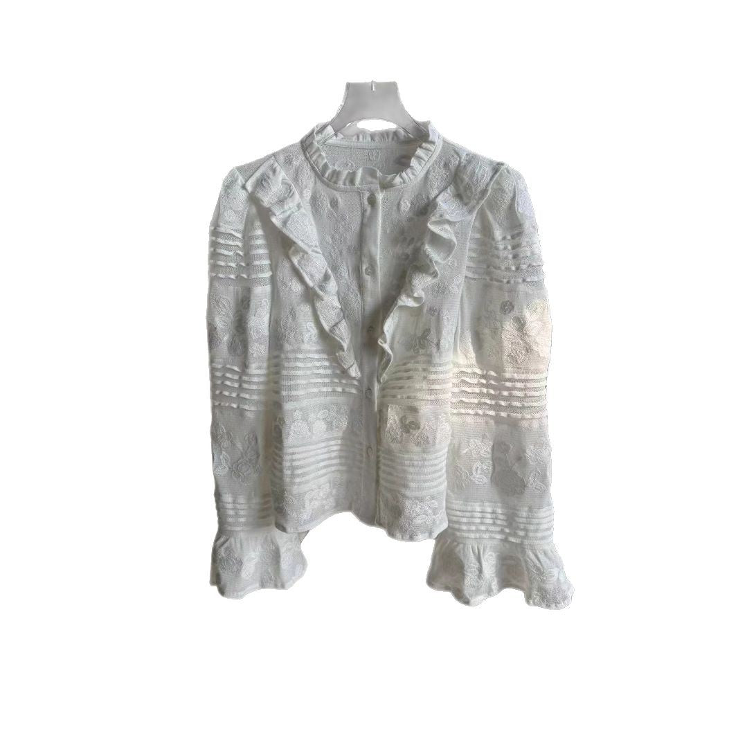Women's Floral Embroidered Ruffled Wooden Ear Collar Blouses
