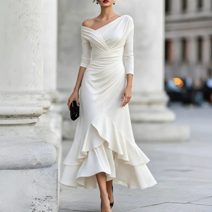 Women's Autumn Crimp Ruffled Long Sleeve Elegant Slim Dress