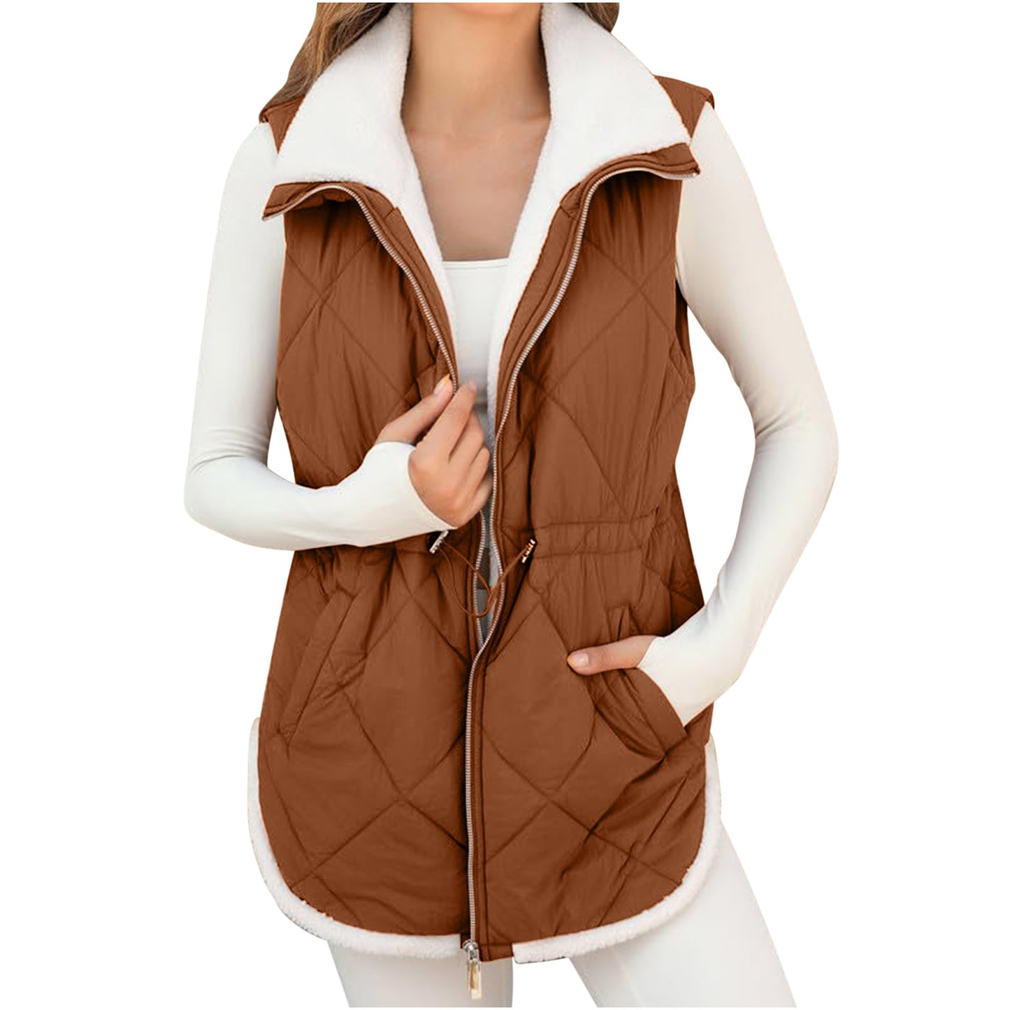 Women's Trendy With Plush Lining Pockets Drawstring Vests