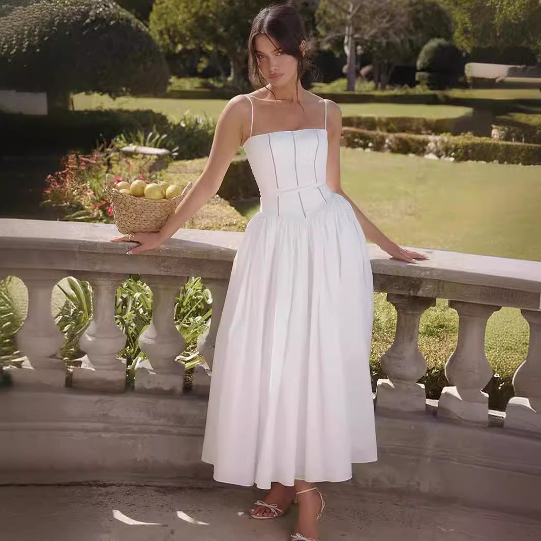 Women's Suspenders Low Collar Sleeveless Waist Trimming Printing Dresses