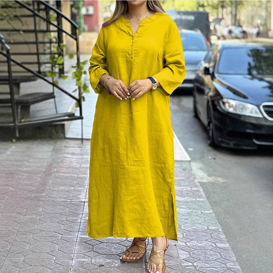 Cotton Linen Solid Color Long Sleeve Dress