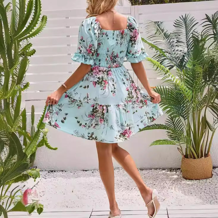 Printed Floral Square Collar Pleated Sleeves Shorts