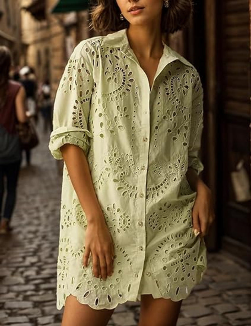 Women's Solid Color Shirt Collar Loose Embroidered Blouses
