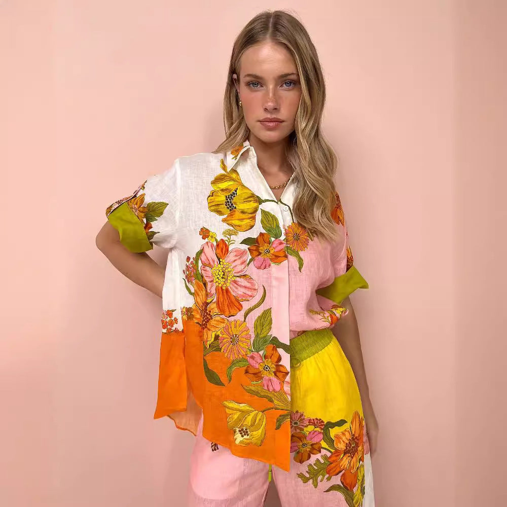 Casual Printed Cotton Linen Two-piece Outfit Suits