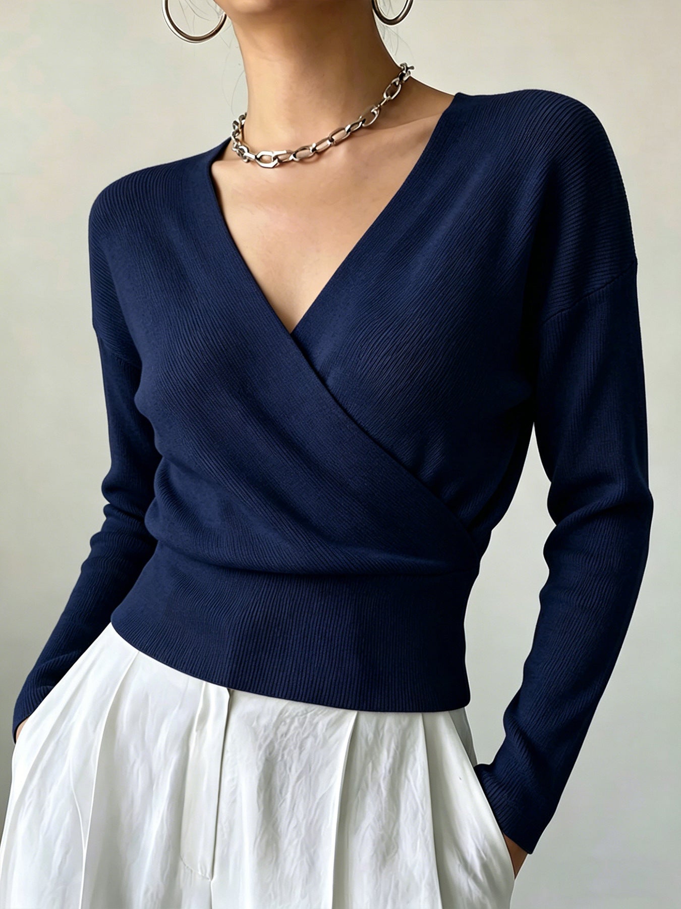 Women's Sleeve Solid Color Fashion Cross Collar Tight Waist Women's Sweater