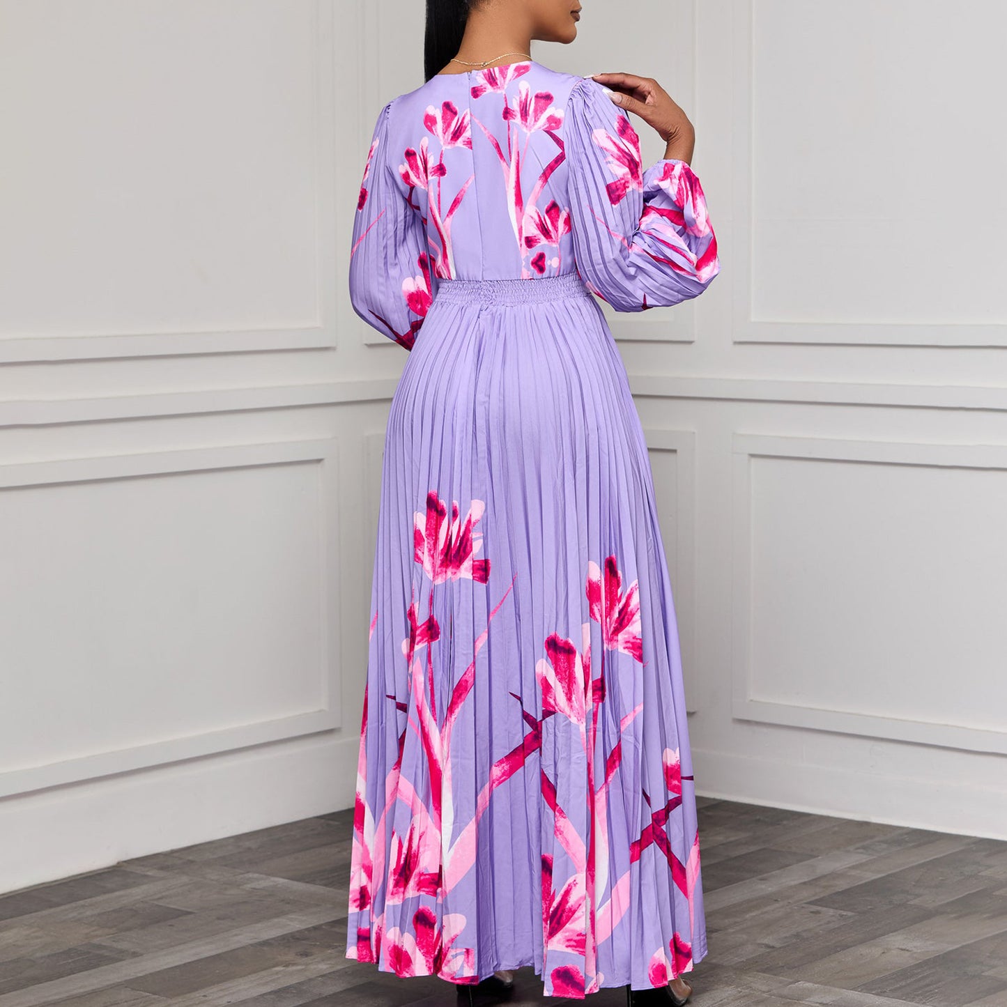 Women's Slimming Long Sleeves Printed Pleated Temperament Dress