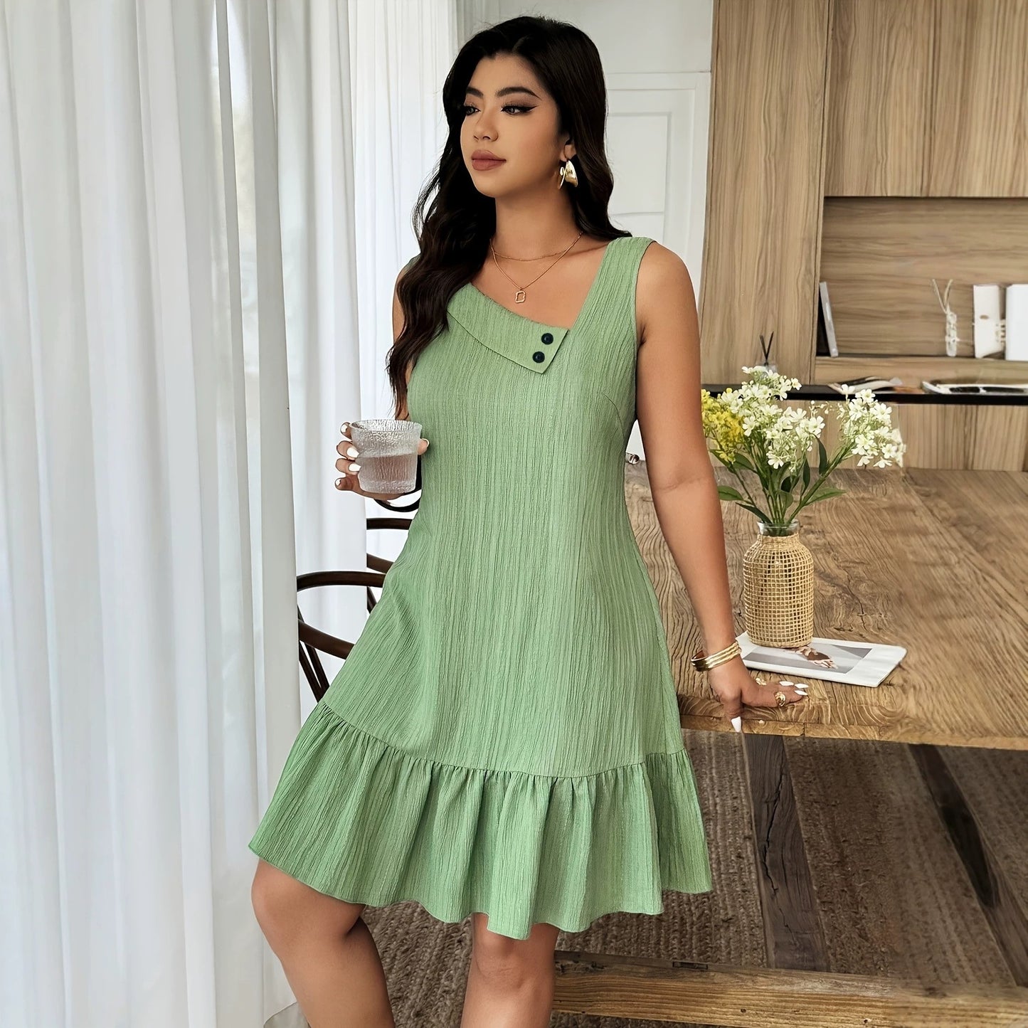 Fashion Sleeveless Small Diagonal Collar Casual Dress