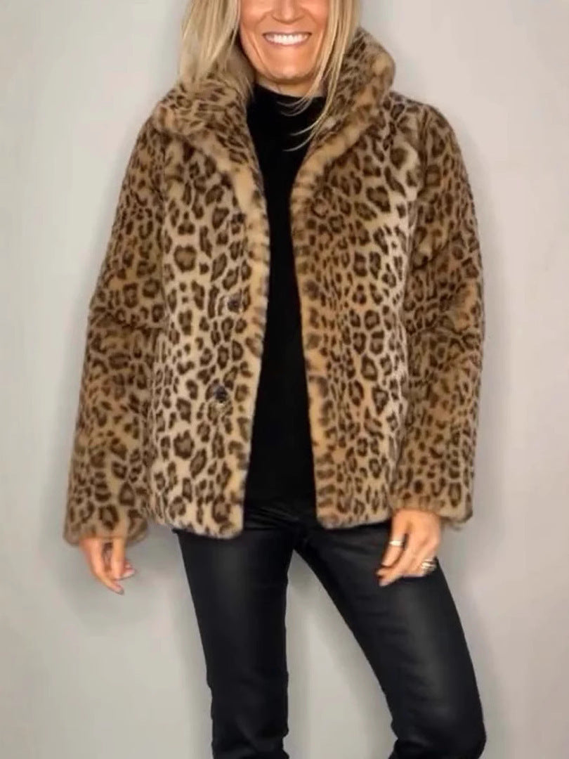 Women's Winter Fashionable Leopard Print Lapel Imitation Coats