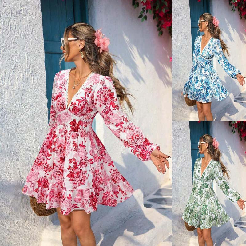 Women's Lace Printed Casual Holiday Long-sleeved Dress