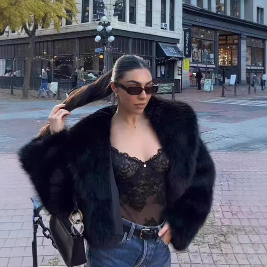 Women's Durable Fur Imitation Overcoat Black Coats