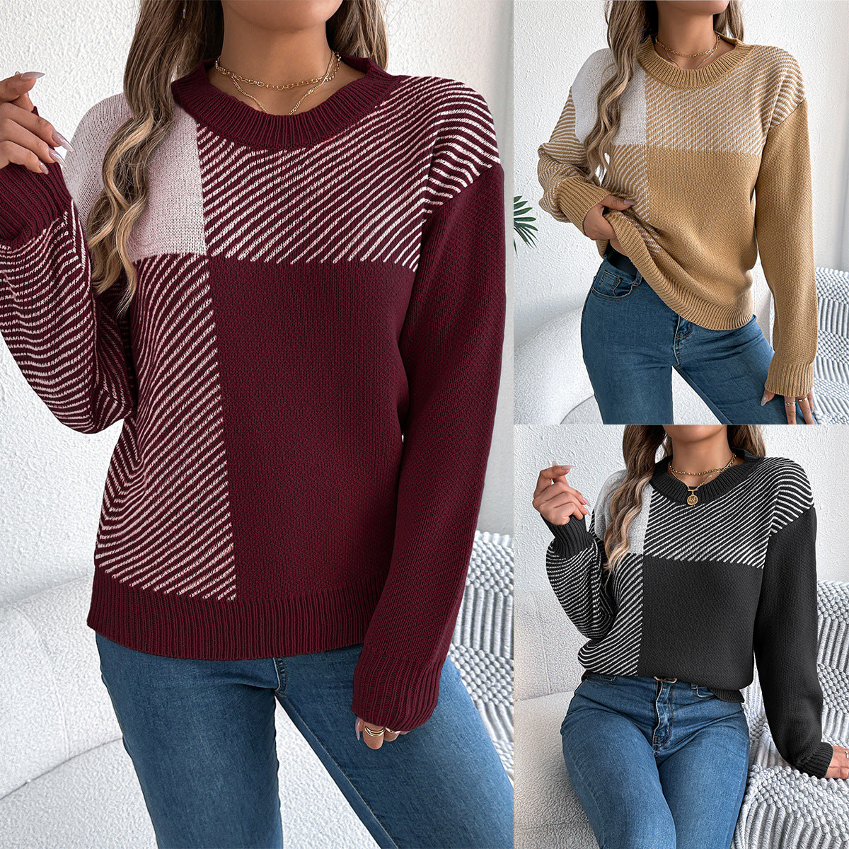 Women's Casual Contrast Color Plaid Long Sleeve Sweater