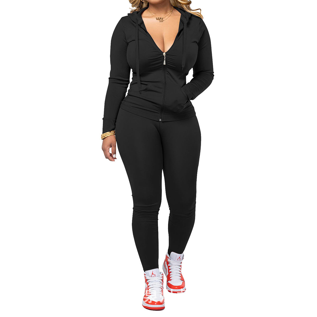 Women's Neck Zipper With Trousers Two-piece Set Fashion Casual Suit