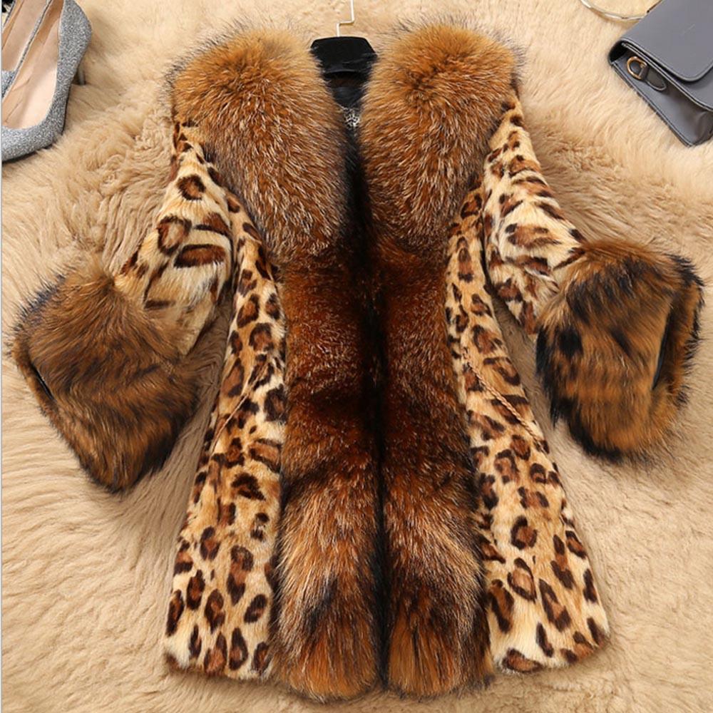 Women's Leopard Print Faux Raccoon Collar Artificial Coats