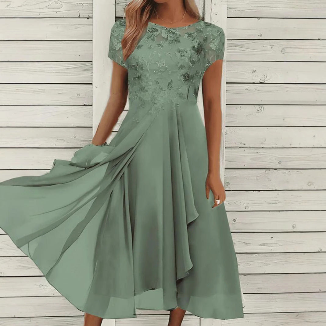 Chiffon Patchwork Round Neck Lace Long Dress