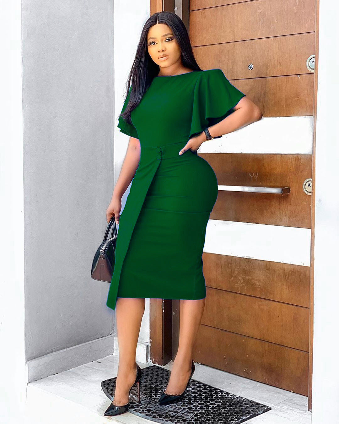 Women's Summer Flared Sleeve Crew Neck Split Sheath Business Skirts